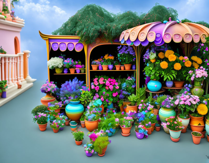 Vibrant 3D-rendered garden stall with colorful flowers and plants