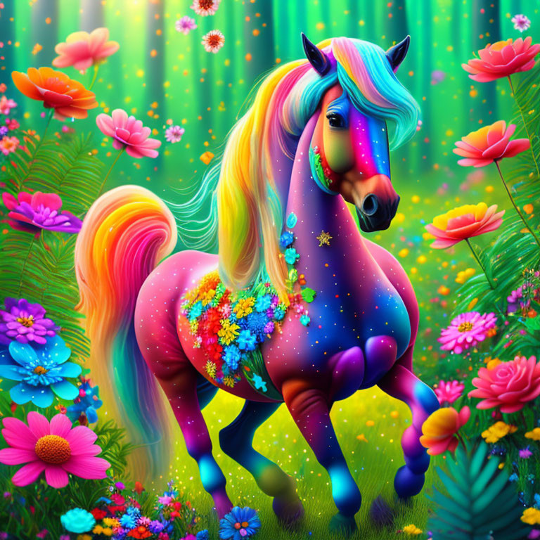 Fantastical horse with rainbow mane in colorful floral meadow