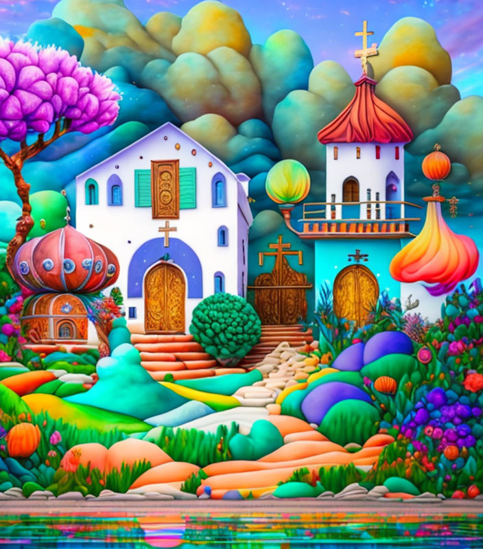 Colorful Whimsical Painting of Stylized Buildings and Floral Landscapes