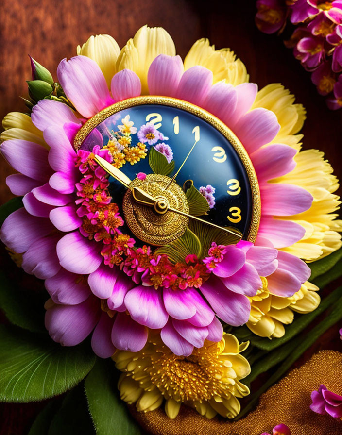 Floral-themed clock with pink and yellow flowers on dark blue face