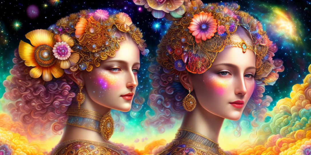 Stylized illustrated female figures with ornate floral hairstyles on vibrant cosmic backdrop