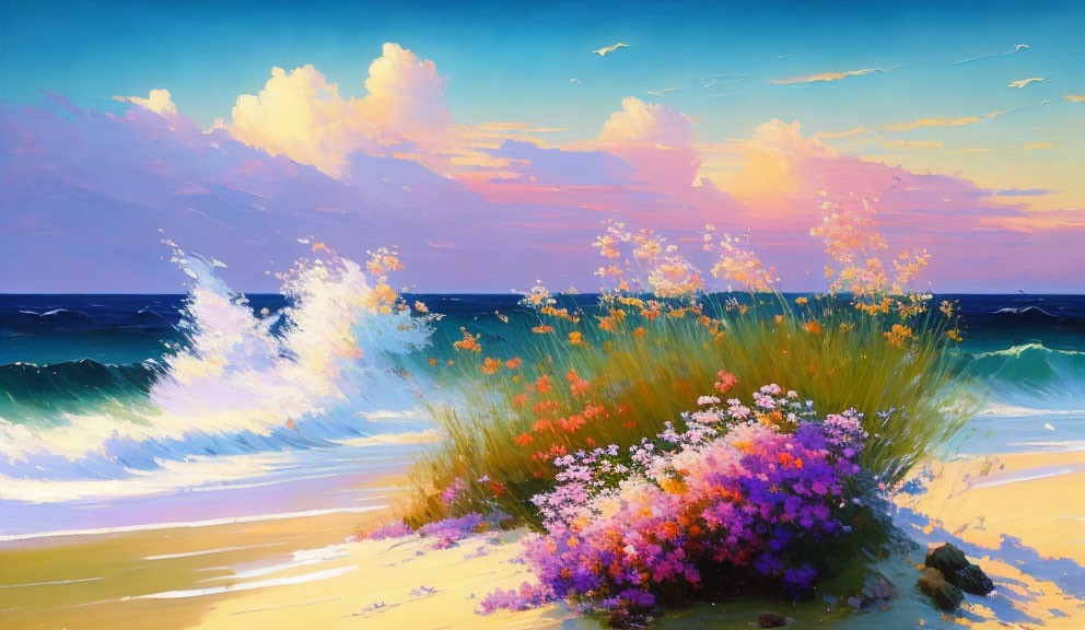 Colorful beach scene with wildflowers, crashing waves, and pink-tinged sky