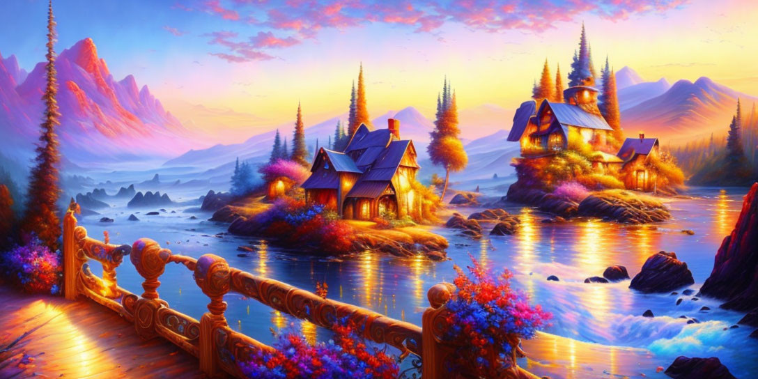 Colorful Fantasy Landscape with Cottages, Flora, and Mountains