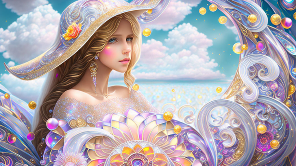 Fantastical young woman with golden hair in elaborate attire against blue sky