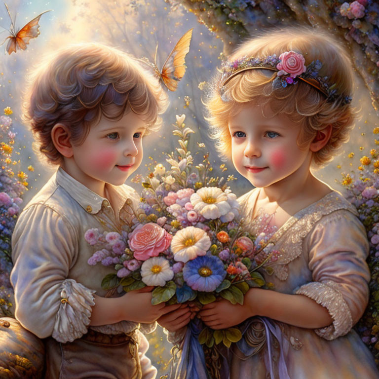 Vintage Attired Children Holding Bouquet in Dreamy Butterfly Scene