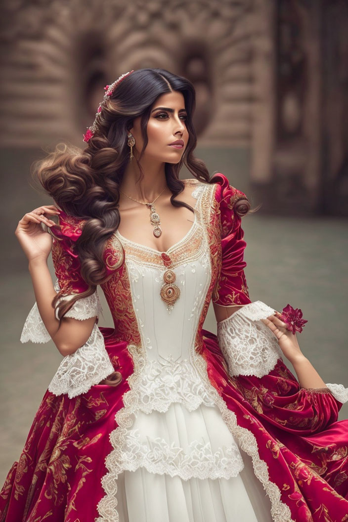 Elaborate red and white period dress with ornate jewelry and dramatic pose