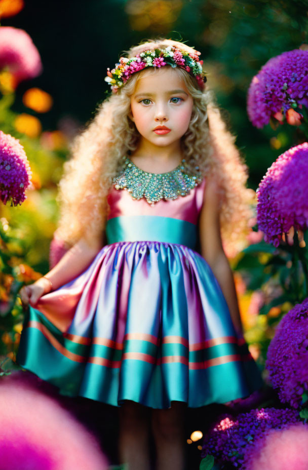 Blonde girl with floral headband in striped dress among purple flowers