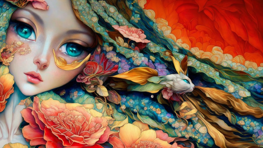 Surreal illustration featuring girl with big blue eyes and flowing hair adorned with colorful flowers and whimsical