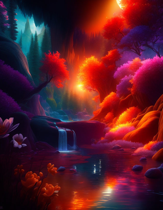 Colorful fantasy landscape with cascading waterfall and ethereal glow