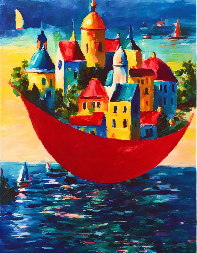 Vibrant village painting in red vessel on blue sea