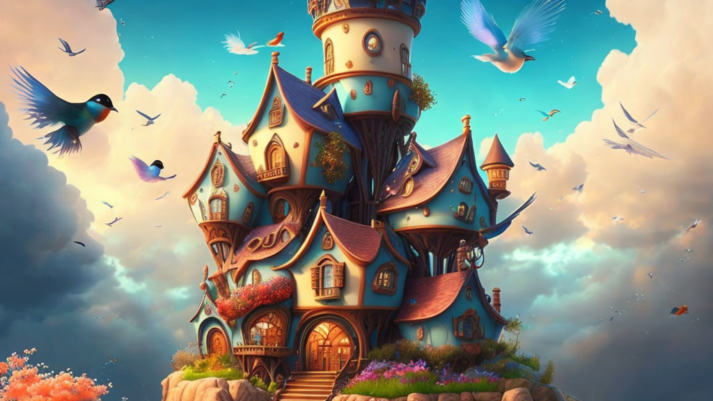 Whimsical multi-level fantasy house with blue roofs and flying birds in vibrant dusk skies