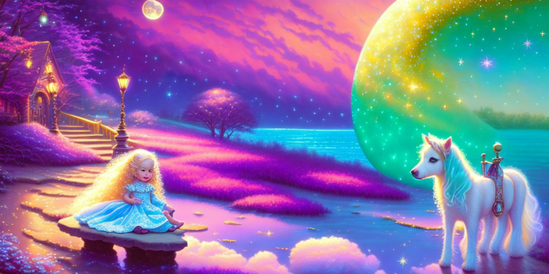 Fantasy landscape with girl, unicorn, river, purple flora, green planet, and colorful sunset