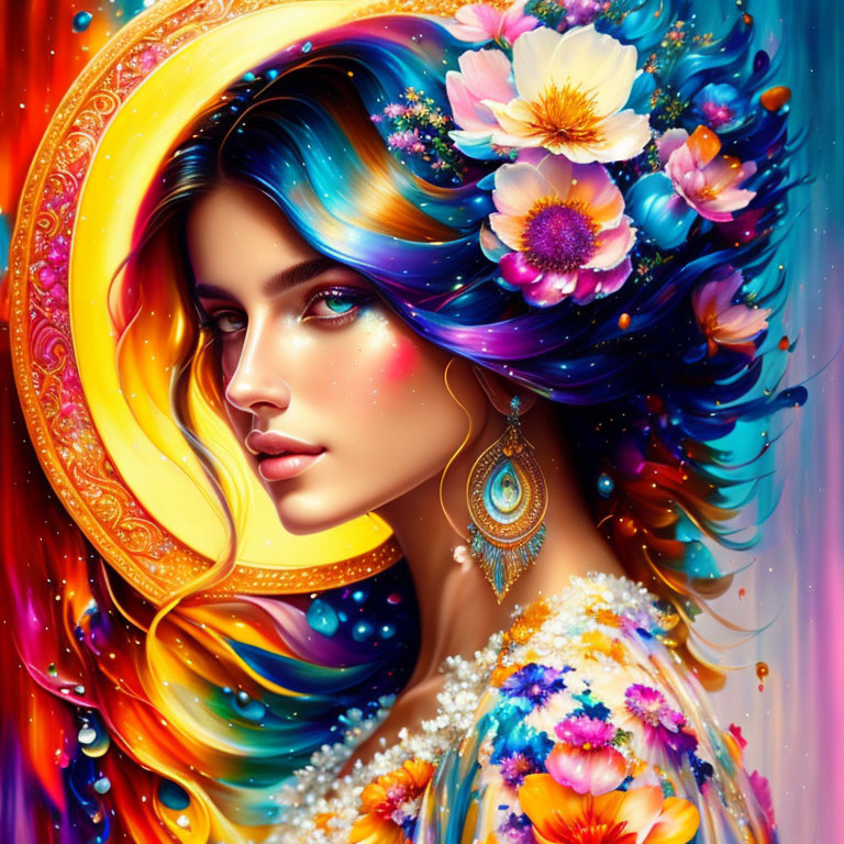 Colorful digital artwork: Woman with flowing floral hair and outfit