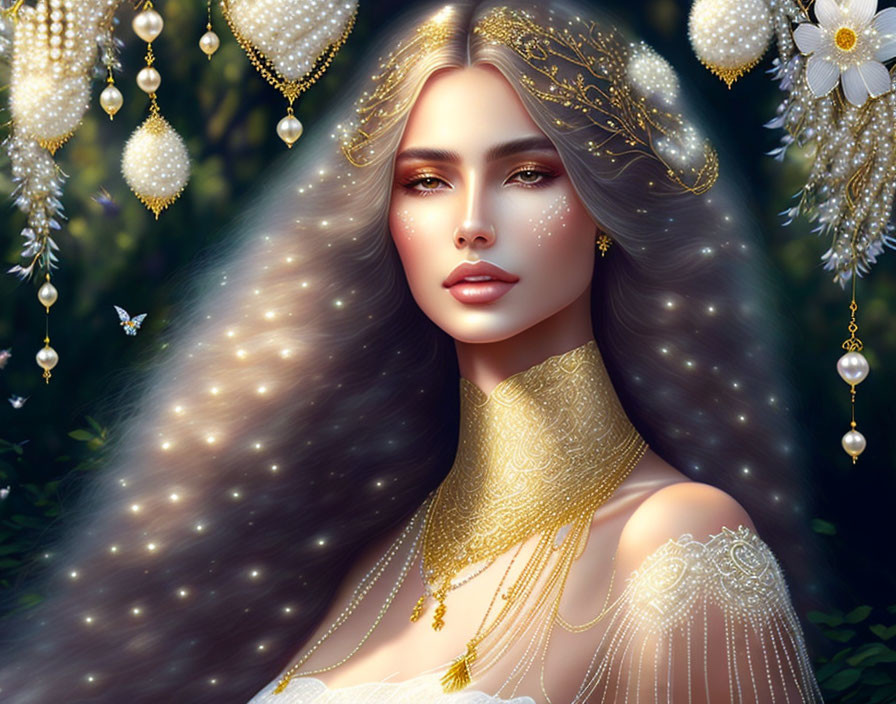 Ethereal woman with golden jewelry and crown in magical forest