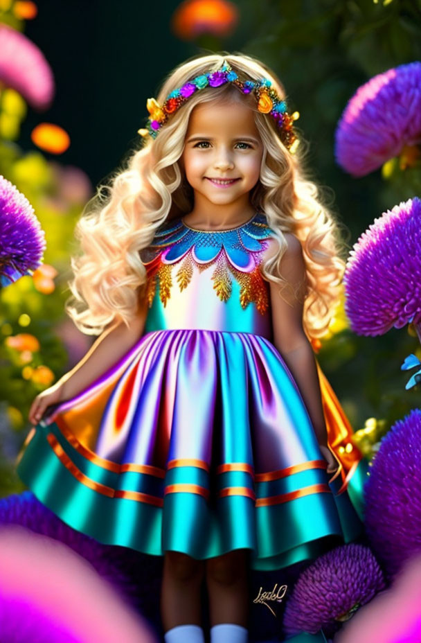 Young girl with curly blonde hair in colorful dress among purple flowers