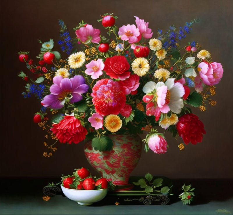 Colorful Still Life Painting: Flowers in Vase, Strawberries on Table