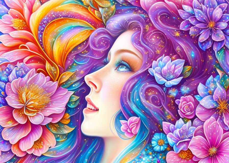 Colorful portrait of a woman with purple hair and flowers