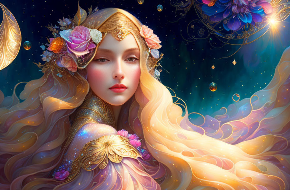 Fantastical image: Woman with golden hair and flowers in celestial setting