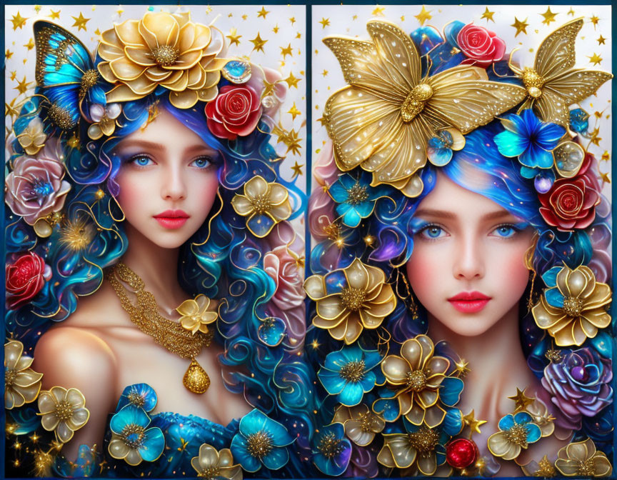 Fantasy art: Woman with blue curly hair, gold and floral accessories, butterflies - surreal beauty