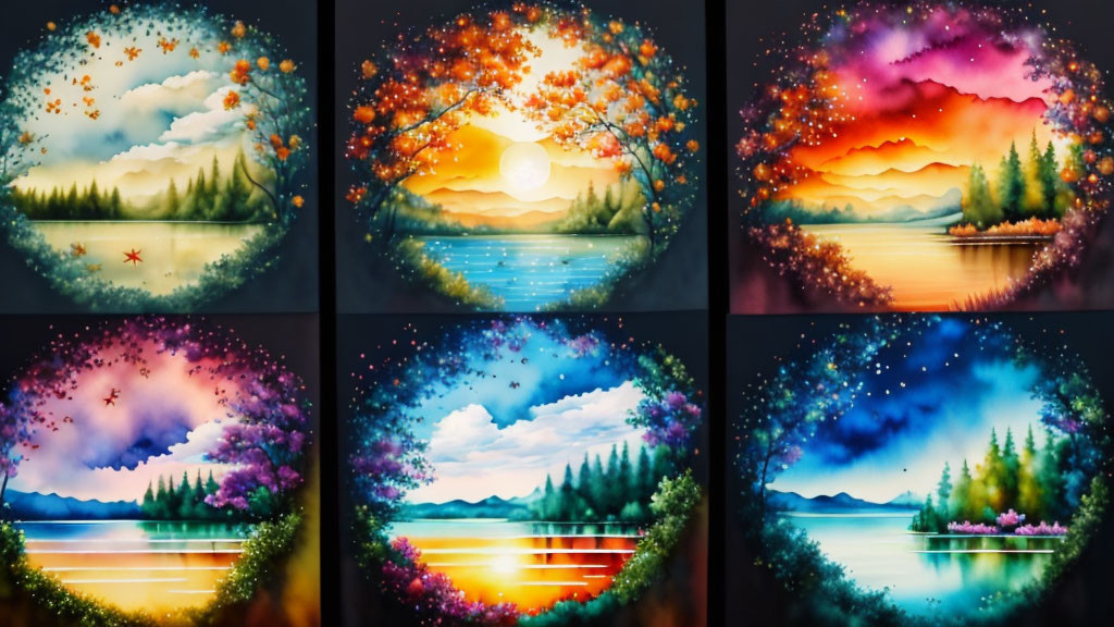 Six Vibrant Nature Scene Paintings with Trees, Water, and Colorful Skies