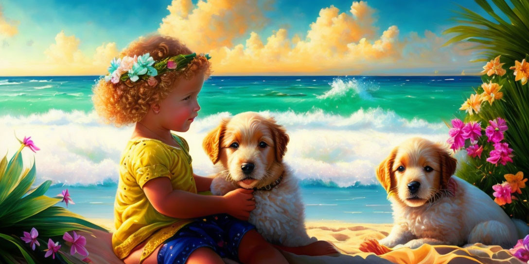 Curly-haired girl with flowers cuddles puppies on beach.