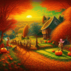 Colorful Autumn Landscape with Cottage, Path, Pumpkins, and Sunset Sky