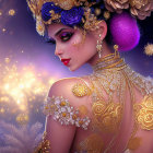 Ethereal woman in gold and purple attire with elaborate headdress, surrounded by flowers.