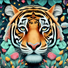 Colorful Tiger Face Illustration Surrounded by Flowers