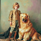 Child in regal costume with crown and golden dog in matching outfit among flowers and greenery