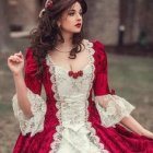 Elaborate red and white period dress with ornate jewelry and dramatic pose