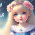 Young girl with blonde hair and blue eyes in celestial meadow with butterflies