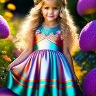 Young girl with curly blonde hair in colorful dress among purple flowers