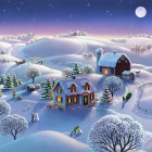 Snow-covered winter village at twilight with full moon