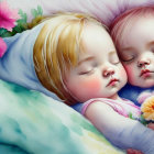 Illustrated infants sleeping with teddy bear and flowers.