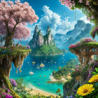 Fantasy landscape with pink trees, castles, lake, and mountains