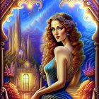 Fantasy-themed portrait of a woman in a blue gown with a tiara, roses, and candle