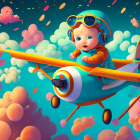 Baby pilot in goggles flying orange cartoon airplane amid pink clouds