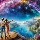 Couple on Cliff with Serene Lake, Floral Foreground, Mountains, Starry Sky