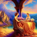 Two women in flowing dresses at table with flowers, vibrant sunset, ornate building, serene lake