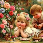 Children near bird bath in vibrant garden scene