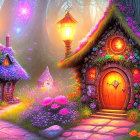 Enchanted forest with fairytale cottage, purple flowers, lanterns, and girl in pink