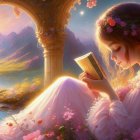 Young girl reading book in serene fantasy setting with golden light and lush flora.