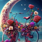 Bicycle decorated with flowers under night sky and crescent moon