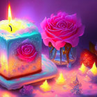 Candle, roses, crystals, and bottle in purple and blue hues