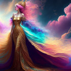 Vibrant digital artwork: Woman in flowing purple, blue, and gold gowns with butterfly.