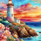 Vibrant digital painting: seaside lighthouse at sunset