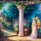 Illustrated couple embraces in magical garden with starry night sky