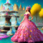 Woman in pink princess gown by sparkling fountain in vibrant fantasy garden