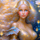 Surreal portrait of woman with blue eyes, golden hair, tiara, blue flowers.