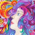 Colorful portrait of a woman with purple hair and flowers